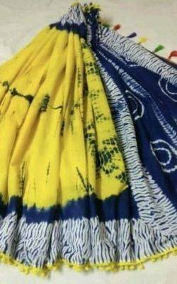 Yellow & Indigo Blue Floral Batik Printed Cotton Mulmul Saree Pompom Lace