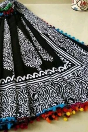 Black & White Floral Geometry Printed Cotton Mulmul Saree Pompom Lace