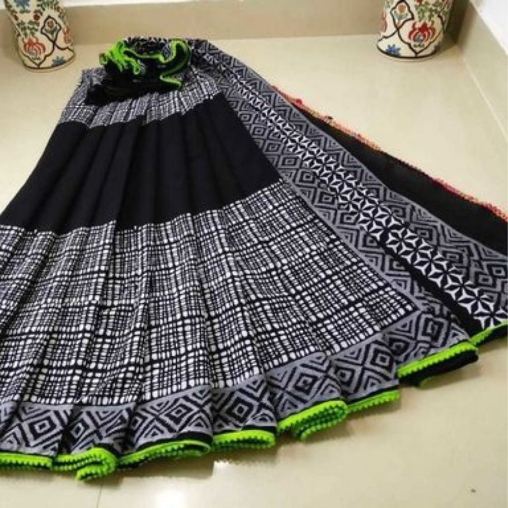 Black & Green Geometry Printed Cotton Mulmul Saree With Pompom Lace