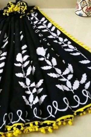 Buy Black Yellow Printed Floral Cotton Mulmul Saree Pompom Lace