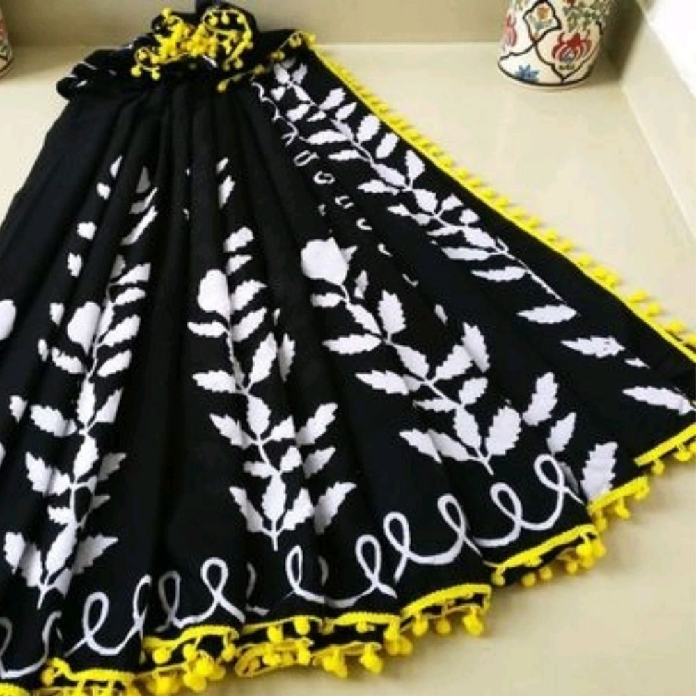 Black & Yellow Printed Floral Cotton Mulmul Saree With Pompom Lace