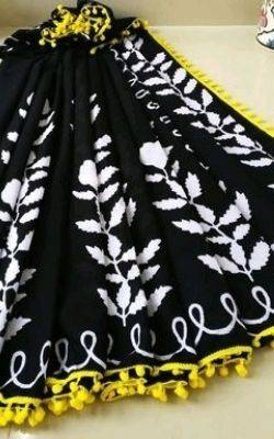 Buy Black Yellow Printed Floral Cotton Mulmul Saree Pompom Lace
