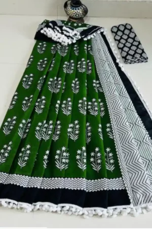 Black & Green Geometry Printed Cotton Mulmul Saree Pompom Lace