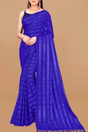 Blue Solid Satin Saree Striped Work Latkan Lace