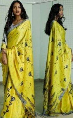 Yellow & Grey Floral Batik Stylish Hand Block Printed Mulmul Cotton Saree