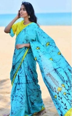 Sky Blue & Yellow Floral Batik Stylish Hand Block Printed Mulmul Cotton Saree