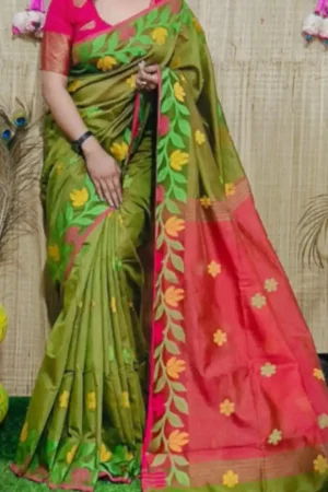 Olive Green Silk Saree Embroidered Floral Pink Border