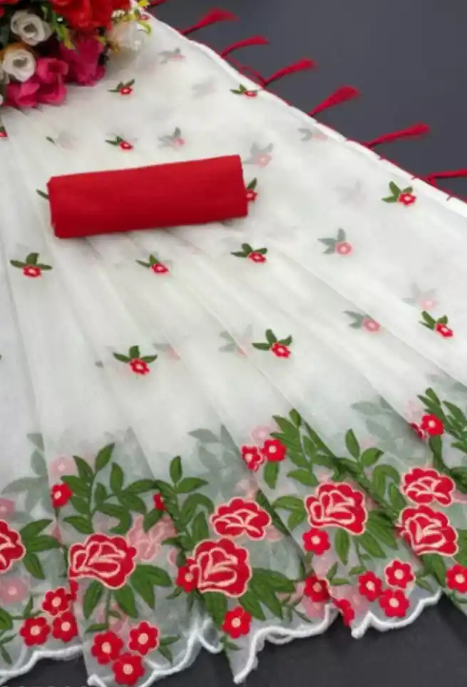 White Organza Saree Red Floral Embroidered Work