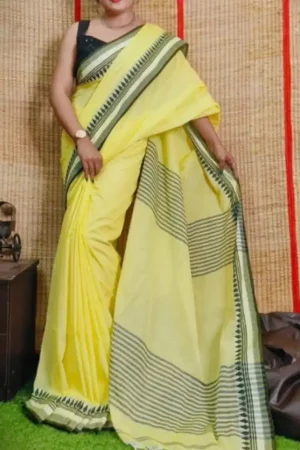 Yellow Handloom Cotton Silk Striped Pallu Sari