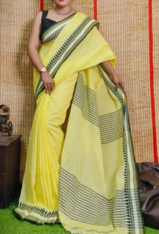 Yellow Handloom Cotton Silk Striped Pallu Sari