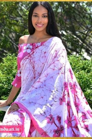 Pink & White Floral Batik Stylish Hand Block  Printed Mulmul Cotton Saree