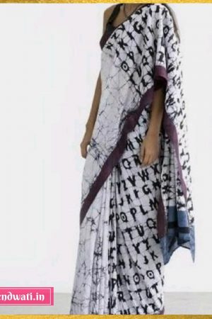 Black & White Alphabetical Batik Stylish Hand Block  Printed Mulmul Cotton Saree