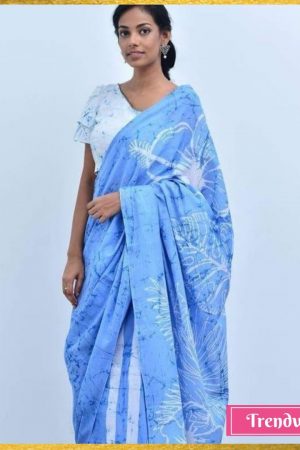 Blue & White Floral Batik Stylish Hand Block  Printed Mulmul Cotton Saree