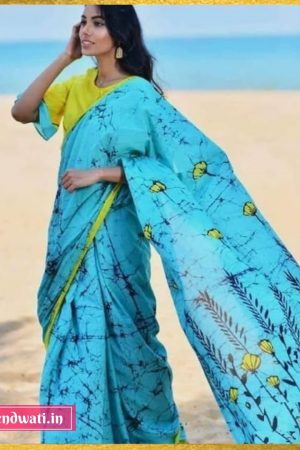 Sky Blue & Yellow Floral Batik Stylish Hand Block Printed Mulmul Cotton Saree