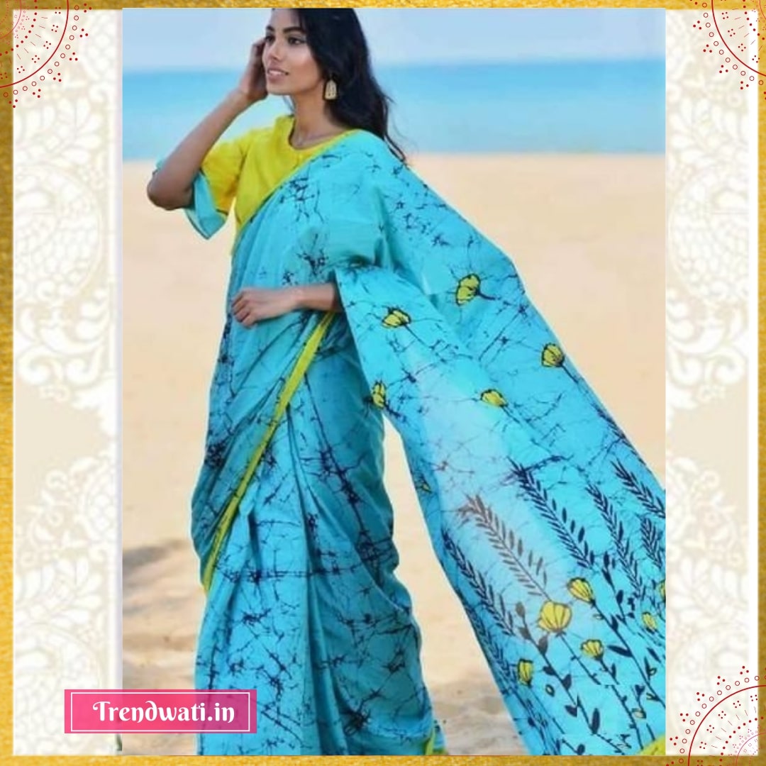 Sky Blue & Yellow Floral Batik Stylish Hand Block Printed Mulmul Cotton Saree | trendwati
