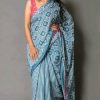 Cyan Striped & Geometry Half-Half Molmol Stylish Hand Printed Mulmul Cotton Saree Pompom Lace | Trendwati.in
