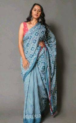Cyan Striped & Geometry Half-Half Molmol Stylish Hand Printed Mulmul Cotton Saree Pompom Lace