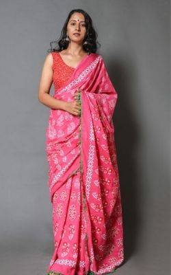Pink Hand Printed Floral Mulmul Saree With Pompom Lace