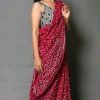 Red Hand Printed Dots Mulmul Saree With Pompom Lace