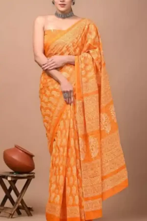 Orange Hand Printed Floral Mulmul Saree