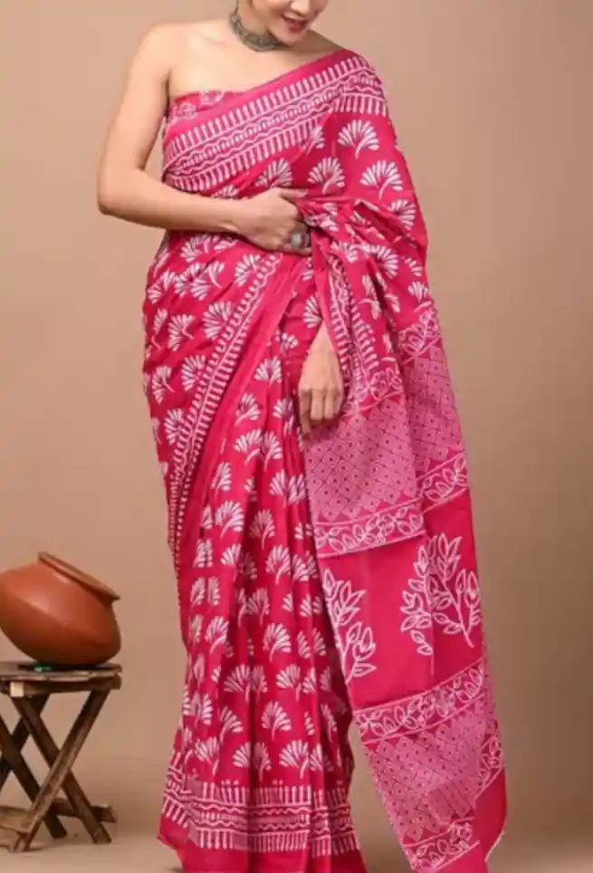Pink Floral Printed Molmol Hand Printed Mulmul Saree | trendwati