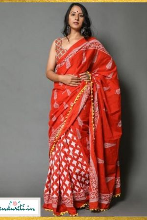 Red Zigzag Floral Printed Molmol Geometry Hand Printed Mulmul Cotton Saree Pompom Lace