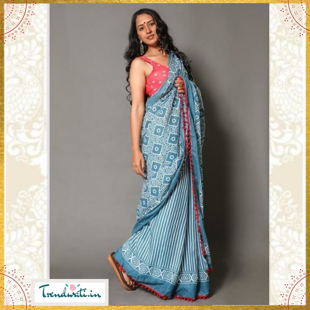 Cyan Hand Printed Geometry Mulmul Saree With Pompom Lace