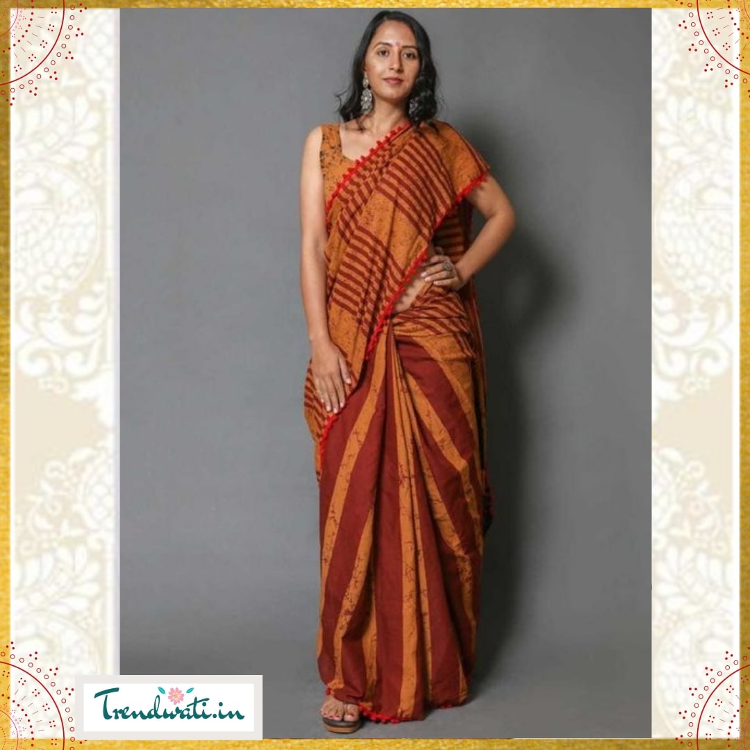 Orange & Red Hand Printed Geometry Mulmul Saree With Pompom Lace