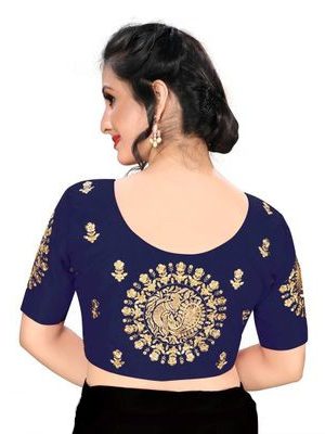 Navy Blue Silk Blend Embroidered Blouse