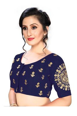 Navy Blue Silk Blend Embroidered Blouse | trendwati
