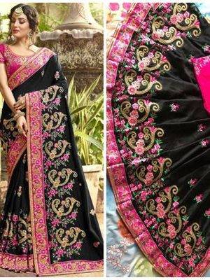 Black Embroidered Silk Saree