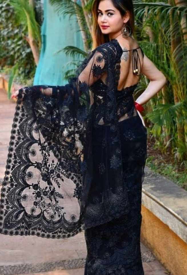 Black Floral Net Saree