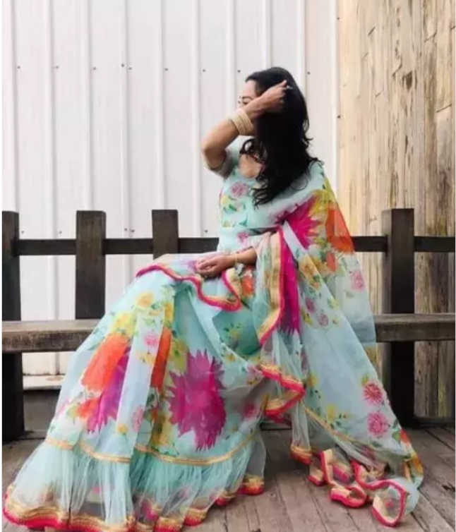 Buy Multi-colored Crepe Saree Floral Design Ruffle Border Online