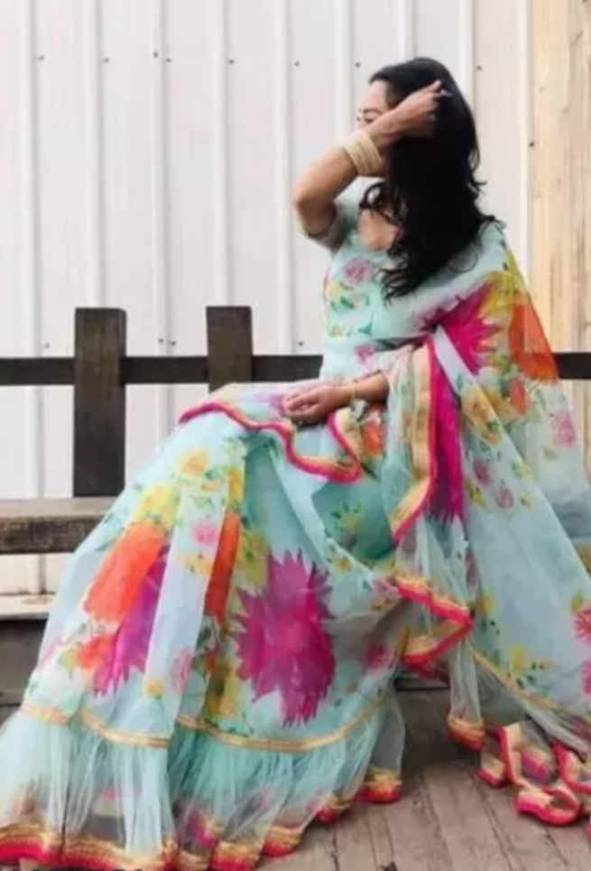 Buy Multi-colored Crepe Saree Floral Design Ruffle Border Online