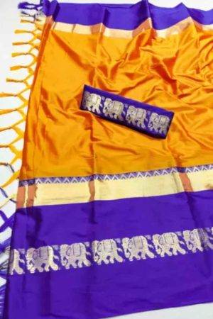 Buy Orange Purple Cotton Silk Saree Elephants Work Online