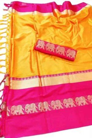 Buy Pink Yellow Cotton Silk Saree Elephants Work Online