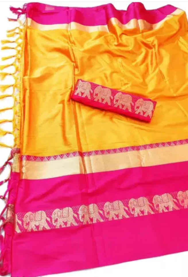 Buy Pink Yellow Cotton Silk Saree Elephants Work Online