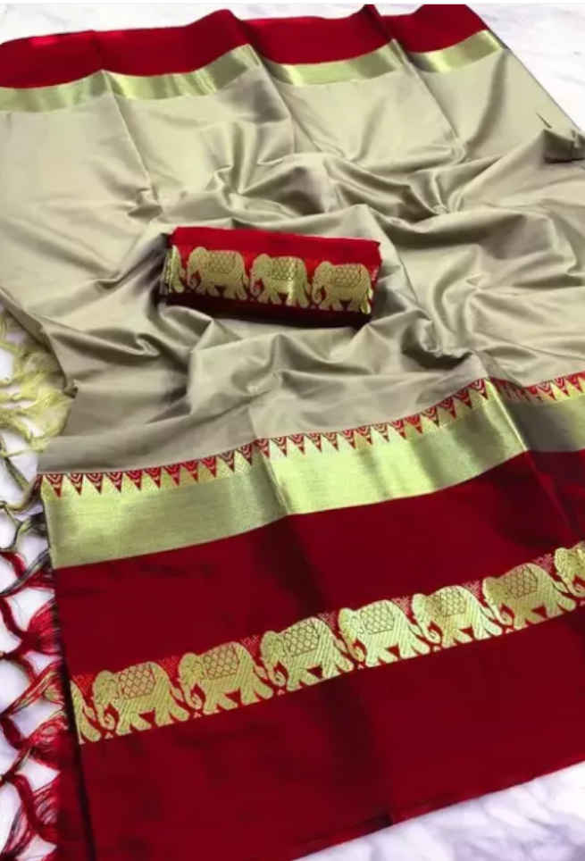 Buy Red Grey Cotton Silk Saree Elephants Work Online