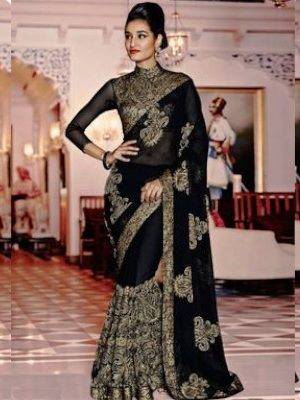 Designer Black Poly Georgette Bollywood Embroidered Saree