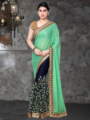 Designer Green Poly Georgette Bollywood Embroidered Saree with Blouse Piece