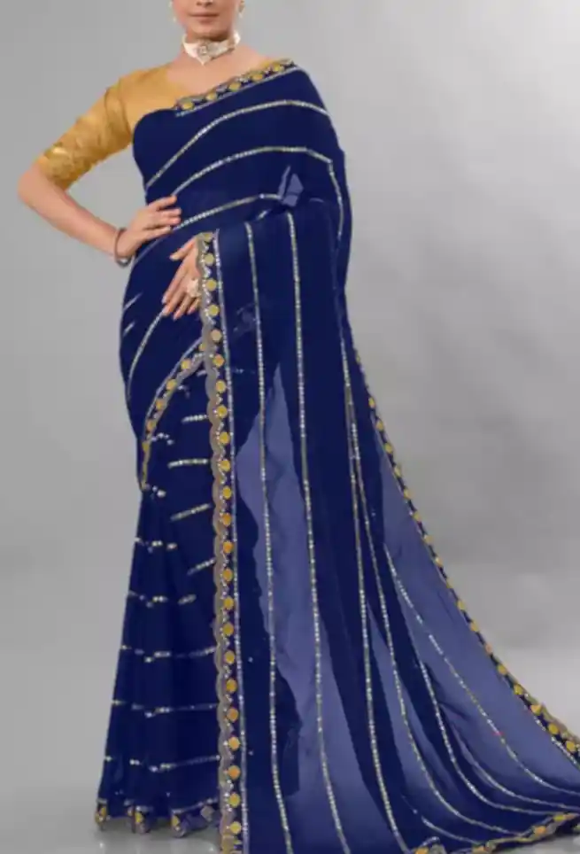 Designer Navy Poly Georgette Bollywood Embroidered Saree