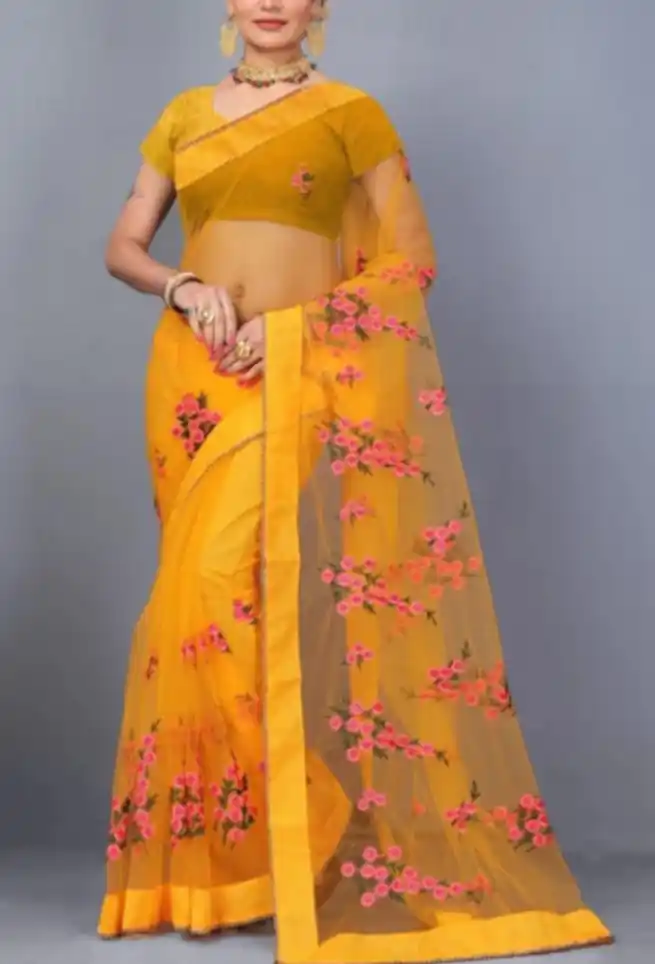Golden Floral Net Saree