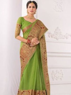 Green Cotton Silk Banarasi Silk Saree with Blouse Piece