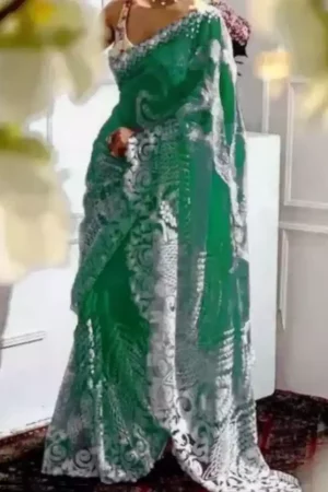 Green Embroidered Net Saree