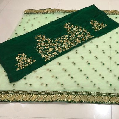 Green Embroidered Net Saree