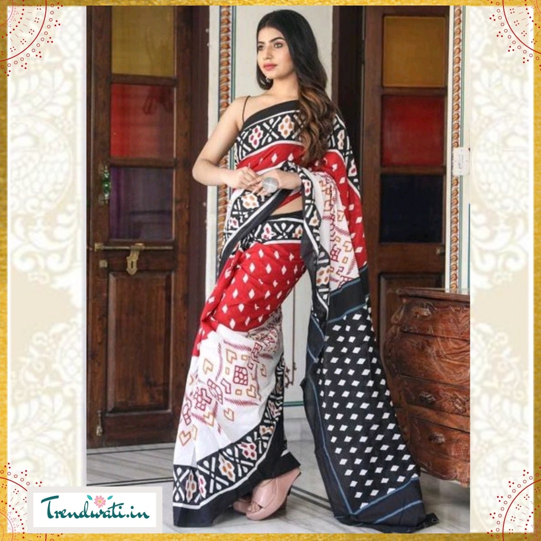 Red & Black Floral Half-Half Geometry Molmol Printed Mulmul Cotton Saree | trendwati