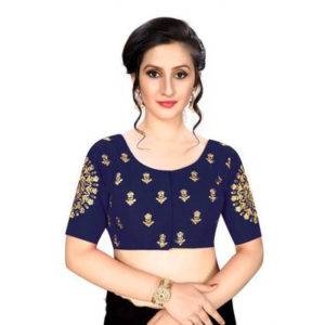 Navy Blue Silk Blend Embroidered Blouse