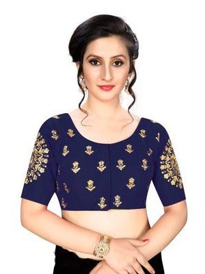 Navy Blue Silk Blend Embroidered Blouse