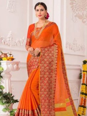 Orange Cotton Silk Banarasi Silk Saree with Blouse Piece