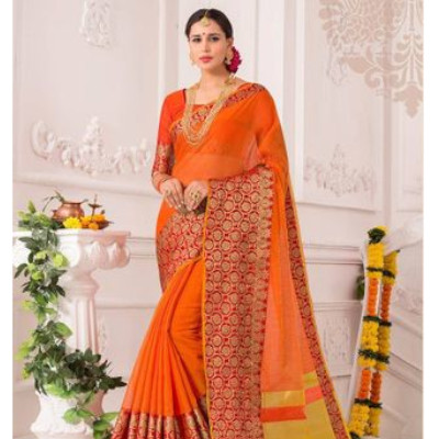 Orange Cotton Silk Banarasi Silk Saree with Blouse Piece
